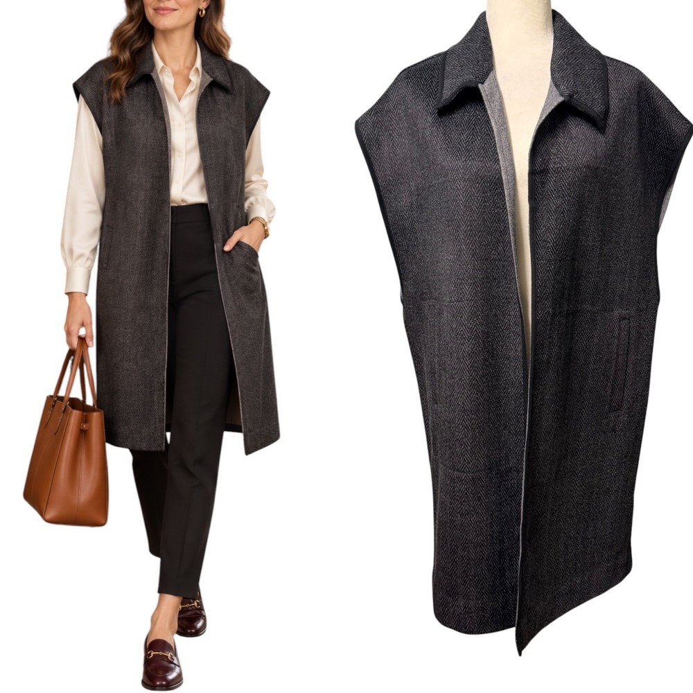 Cabi Vest Women M/L Herringbone Longline Open Front Collared Charcoal Layering
